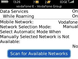 If manual network selection is turned on:Scroll to Scan for Available Networks and press the Navigation key.