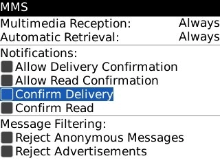 Scroll to Confirm Delivery and press the Navigation key to turn the function on or off.