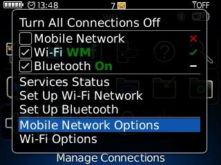 Scroll to Mobile Network Options and press the Navigation key.