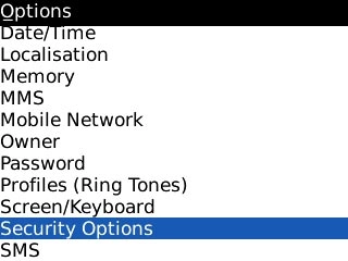 Scroll to Security Options and press the Navigation key.
