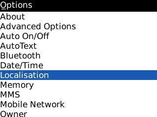 Scroll to Localisation and press the Navigation key.