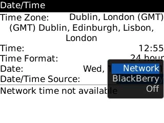 To turn on automatic date and time update:Highlight Network or BlackBerry and press the Navigation key.