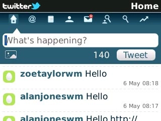 You can now use the application.Please note that Twitter isn't part of the original application package and therefore only a general description is given here.You have a number of options, such as:Write status updatesView status updates from people you followView messages sent directly to youSelect application settings