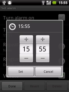 Press + or - above or below hour and minute to set the time.