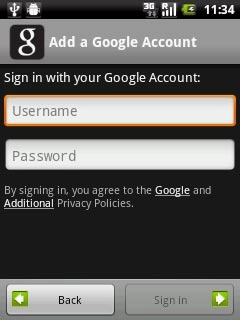 Press Username and key in the username for your Google account.