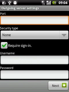 If you turn on SMTP authentication:Follow the instructions on the display to key in the username and password for your email account.Please note that if you're using Vodafone's outgoing server, turn off SMTP authentication and leave the username and password fields empty.Press Next.