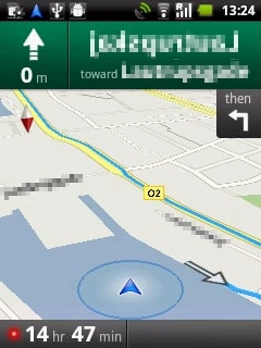 The navigation window with information about your route is displayed.The next turn and the next route detail are displayed at the top of the display.