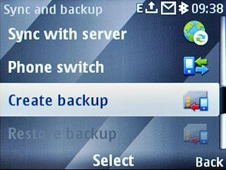 Scroll to Create backup and press the Navigation key.