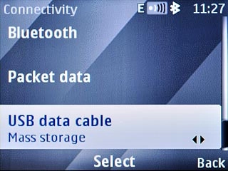 Scroll to USB data cable and press the Navigation key.