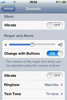 To turn vibration on or off when silent mode is turned off:Press the indicator next to Vibrate below Ringer and Alerts.Depending on the current setting, the function is turned on or off.