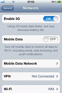 Press the indicator next to Mobile Data.Depending on the current setting, the function is turned on or off.