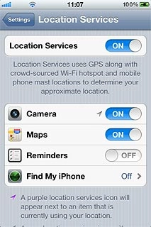 Press the indicator next to the required application to turn GPS application usage for the required applications on or off.