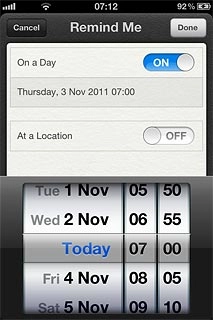 Drag the wheels to set the date and time.