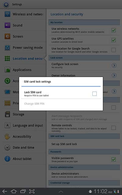 Press Lock SIM card to turn use of PIN on or off.