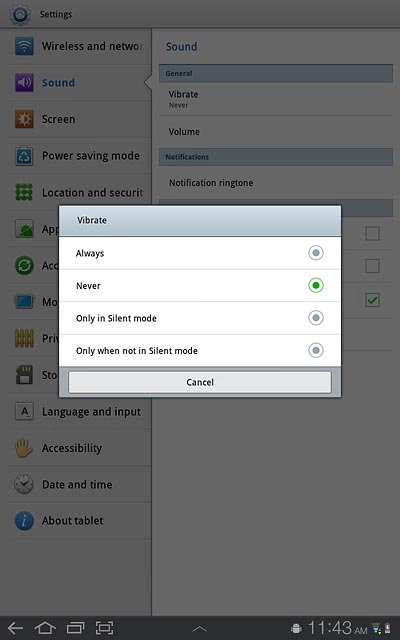 To turn off vibration:Press Never.