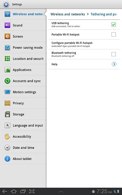 When the box next to the menu item is ticked (V), the function is turned on.An internet connection from your computer via your device is automatically established.When the connection is established, you can access the internet from your computer.