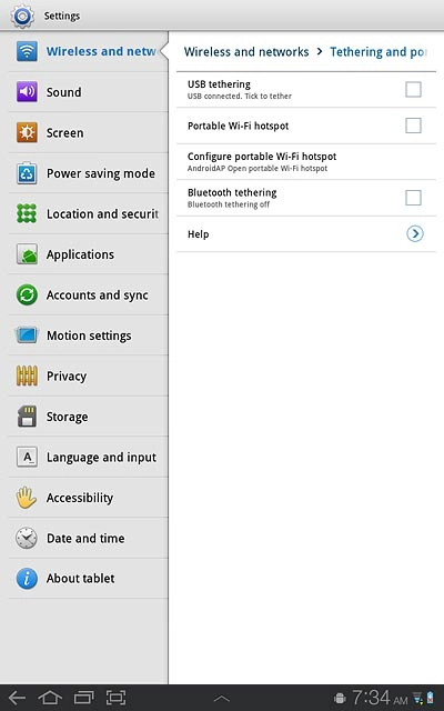 Press Portable Wi-Fi hotspot to turn on the function.