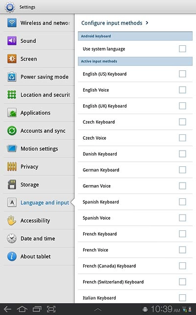 Press Use system language or the required language to turn it on or off.