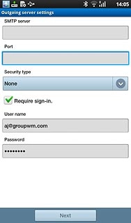 If you turn on SMTP authentication:Follow the instructions on the display to key in the username and password for your email account.Please note that if you're using Vodafone's outgoing server, turn off SMTP authentication and leave the username and password fields empty.Press Next.