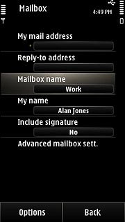 Press Mailbox name.Key in a name for the email account (such as 