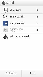 If required, press the Facebook icon.Choose one of the following options:Write status update, go to 3a.Select view to 3b.View your profile, go to 3c.View your friends, go to 3d.View your pictures, go to 3e.View your messages, go to 3f.Write message, go to 3g.View events, go to 3h.Upload picture to Facebook, go to 3i.