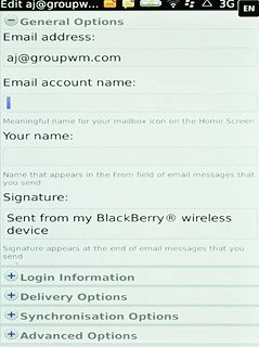 Press the field below Email account name and key in a name for the email account (such as 