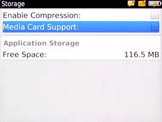 Highlight Media Card Support and press the Navigation key to turn on use of memory card.