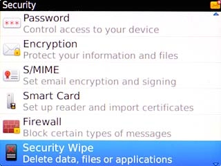 Scroll to Security Wipe and press the Navigation key.