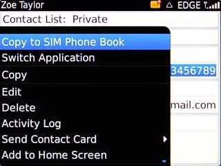 Scroll to Copy to SIM Phone Book and press the Navigation key.