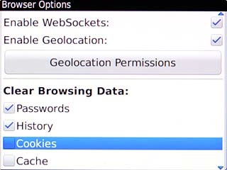 Scroll to Cookies below Clear Browsing Data and press the Navigation key.