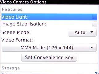 Scroll to Video Light and press the Navigation key to turn video light on off.