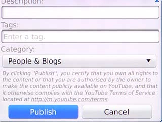 Key in text for the video clip.Scroll to Publish and press the Navigation key.