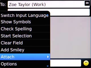 Scroll to Attach and press the Navigation key.Choose one of the following options:Insert picture, go to 4a.Insert video clip, go to 4b.Insert audio file, go to 4c.
