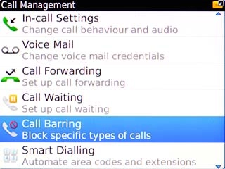 Scroll to Call Barring and press the Navigation key.