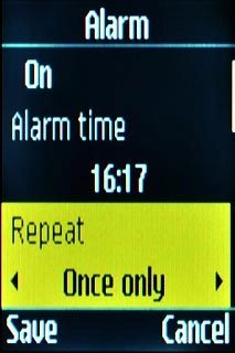 Scroll to Repeat and press Navigation key right to select Weekly, Daily or Once only.