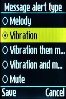 To turn on vibration:Highlight Vibration, Vibration then melody or Vibration and melody and press the Navigation key.