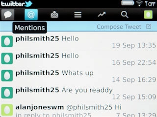 Press the reply icon (@).The replies to your status updates are displayed.