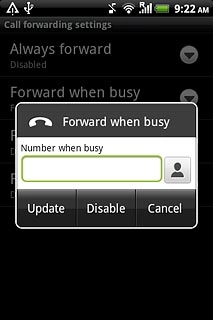 Press Disable.A request to cancel all diverts is sent to the network.Repeat until all diverts have been cancelled.