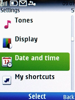 Scroll to Date and time and press the Navigation key.