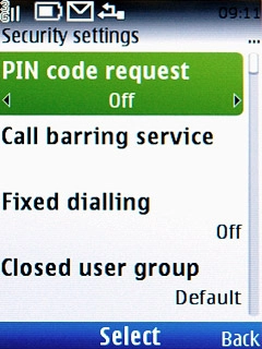 Scroll to PIN code request and press the Navigation key.