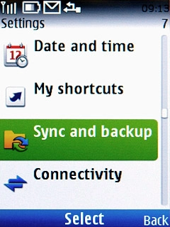 Scroll to Sync and backup and press the Navigation key.