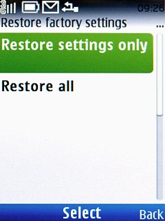 Highlight Restore settings only or Restore all and press the Navigation key.