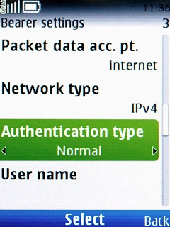 Scroll to Authentication type and press the Navigation key.