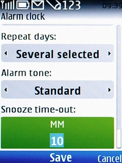 Scroll to Snooze time-out and key in the required number of minutes.