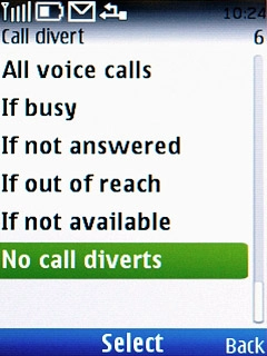 Scroll to No call diverts and press the Navigation key.A request to cancel all diverts is sent to the network.