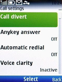 Scroll to Call divert and press the Navigation key.