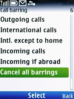 Scroll to Cancel all barrings and press the Navigation key.