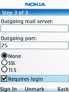 Scroll to Requires login and press the Navigation key to turn SMTP authentication on or off.Please note that if you're using Vodafone's outgoing server, you need to turn off SMTP authentication.