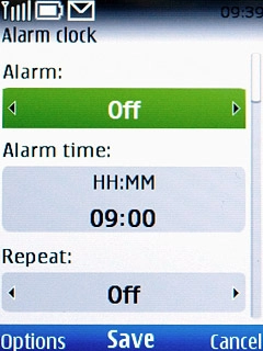 Scroll to Alarm and press Navigation key right to select On.