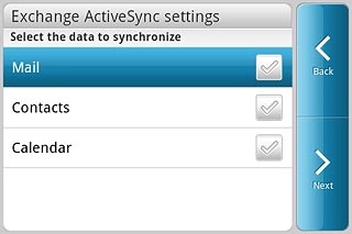 Press Mail, Contacts and Calendar to turn synchronisation on or off.
